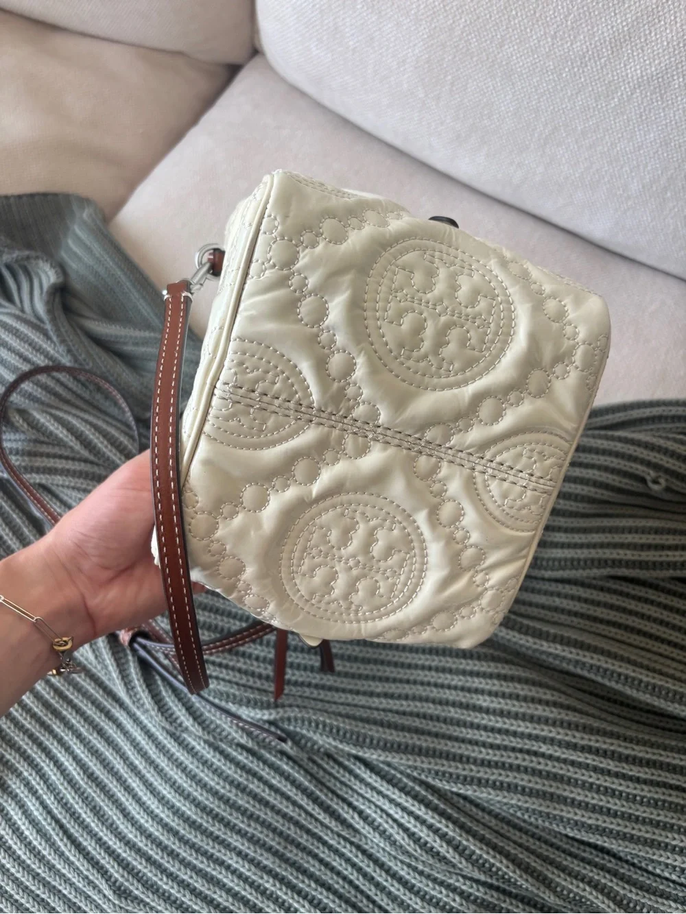 Tory Burch Cream Quilted Leather Cube bag